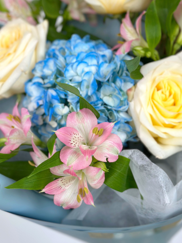 Букет из кремовых пионовидных роз, розовых альстромерий и голубой гортензии
