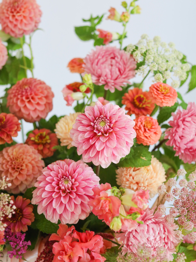 БОЛЬШАЯ КОРЗИНА С ГЕОРГИНАМИ, АМАРАНТОМ И ЦИННИЕЙ